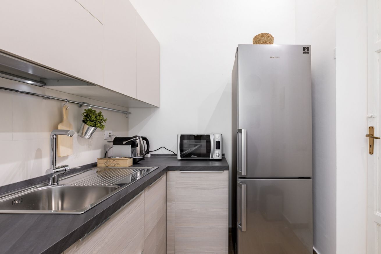 Fridge, microwave, stovetop, electric kettle