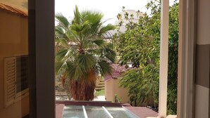 Vista desde un balcón con una palmera y un patio con tejas.