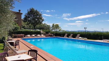 Seasonal outdoor pool, open 8:00 AM to 8:00 PM, pool umbrellas