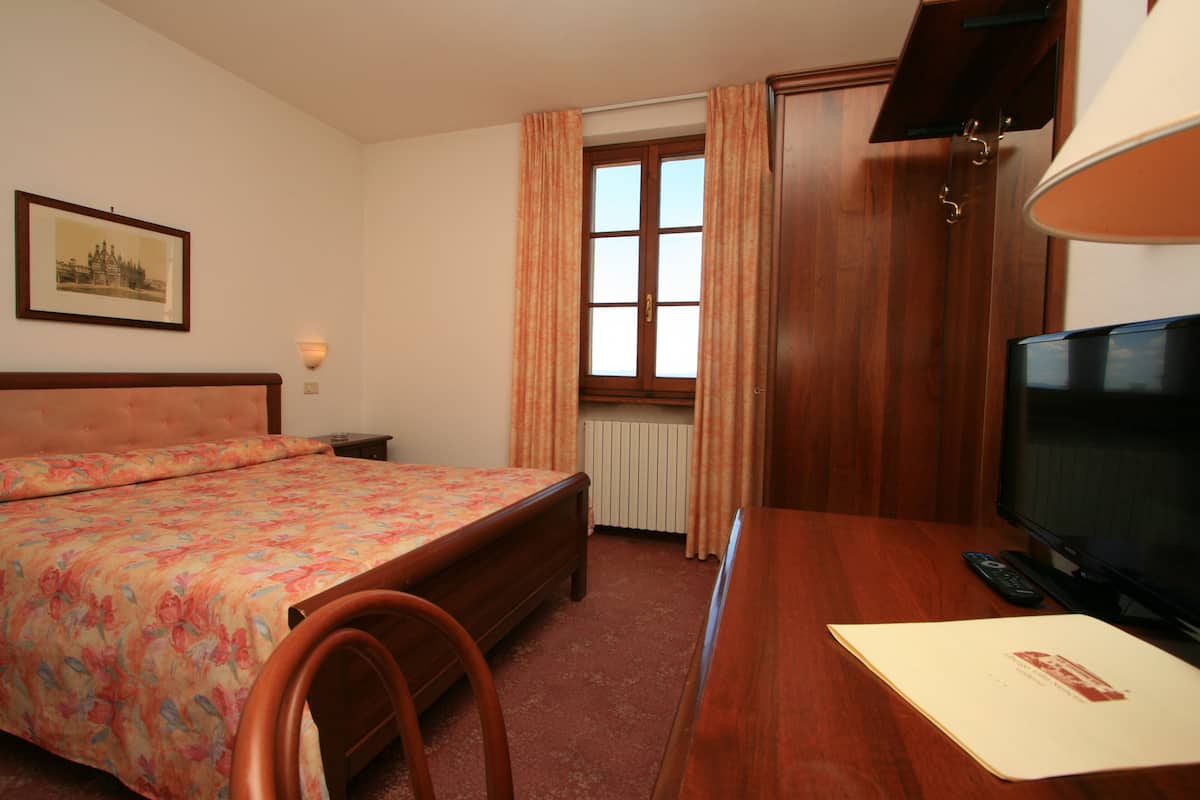 A hotel room with a bed, a desk with a television, a chair, a window with curtains, and a framed picture on the wall.
