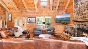 Smart TV, fireplace, foosball