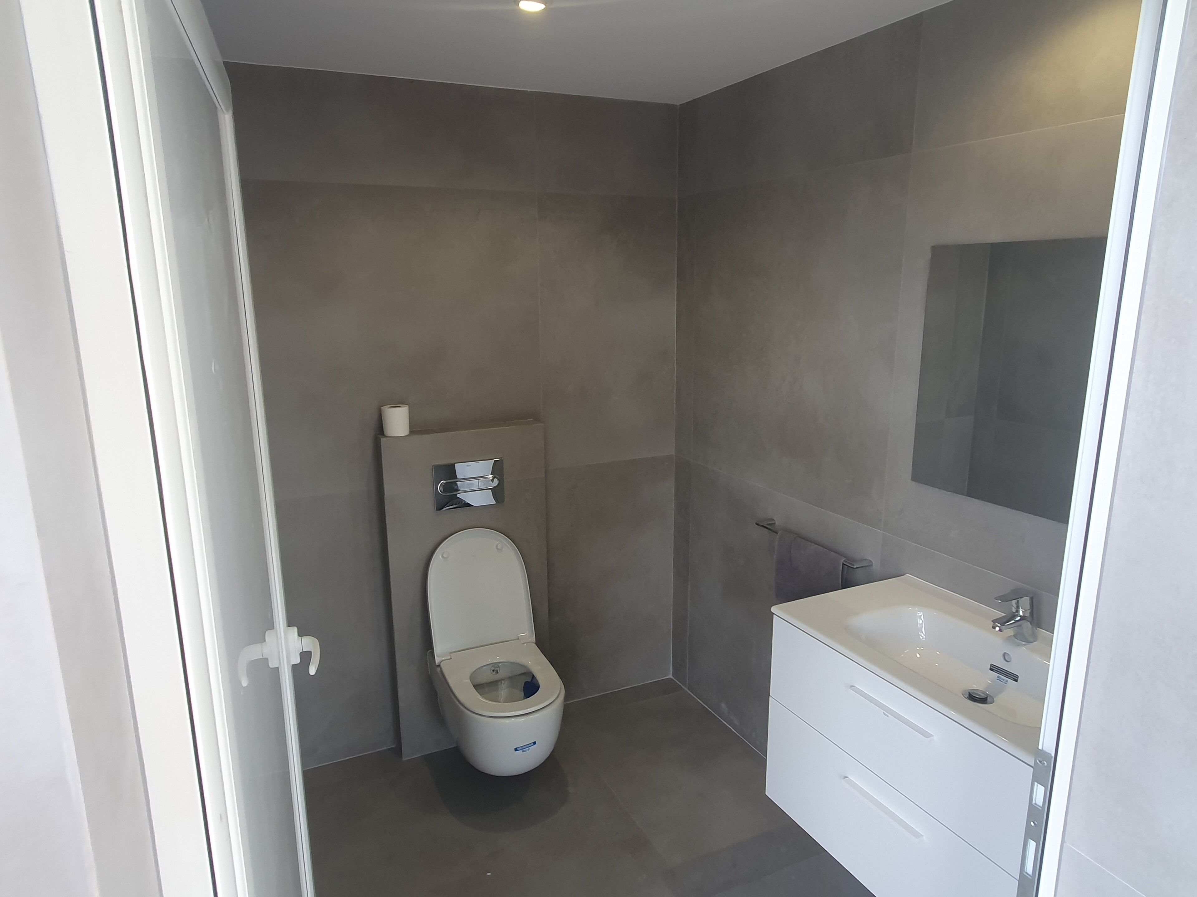 A modern bathroom with a toilet, sink, and mirror.
