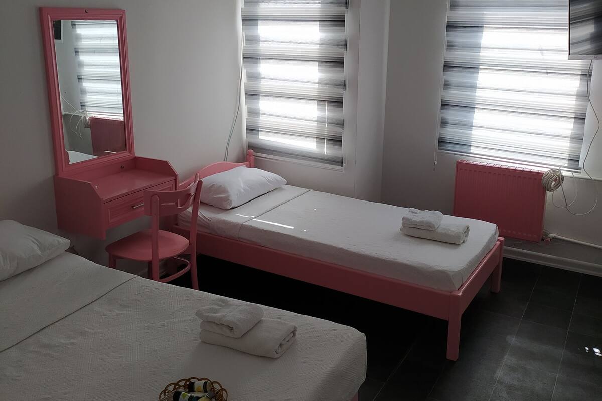A hotel room with two beds, a desk, a chair, a mirror, and a radiator.