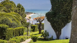 Une vue sur la côte, avec un sentier menant à un bâtiment blanc, entouré d’une végétation luxuriante et sous un ciel bleu dégagé.