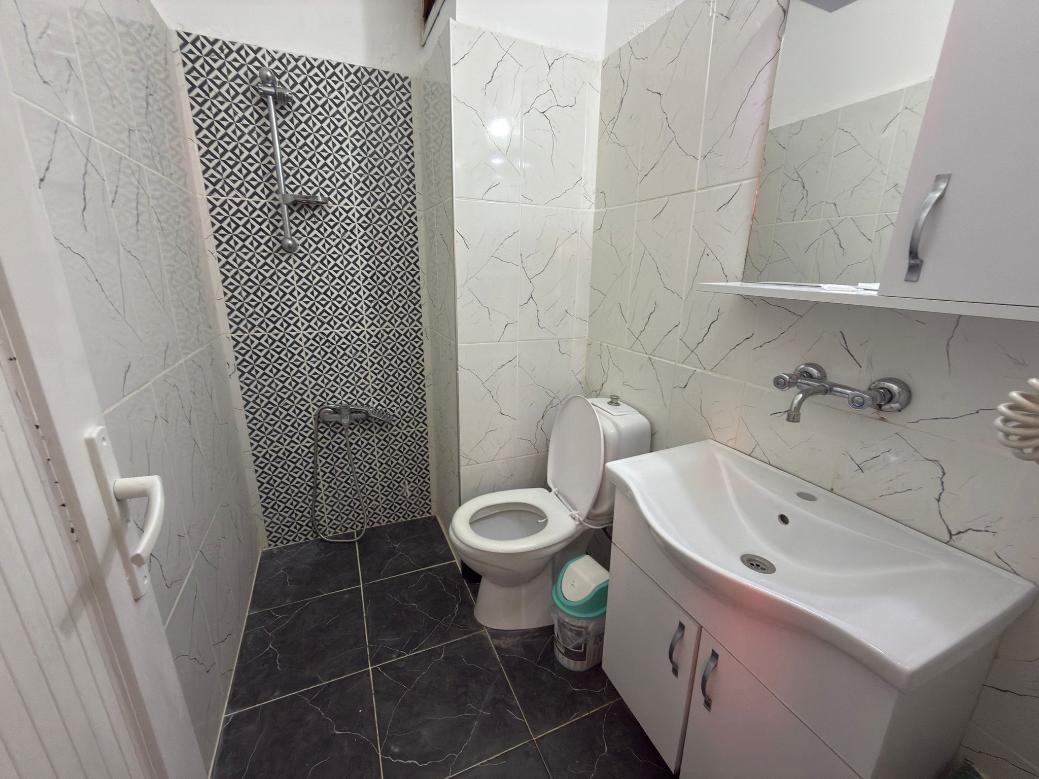 Une salle de bain avec des toilettes, un lavabo et une douche.