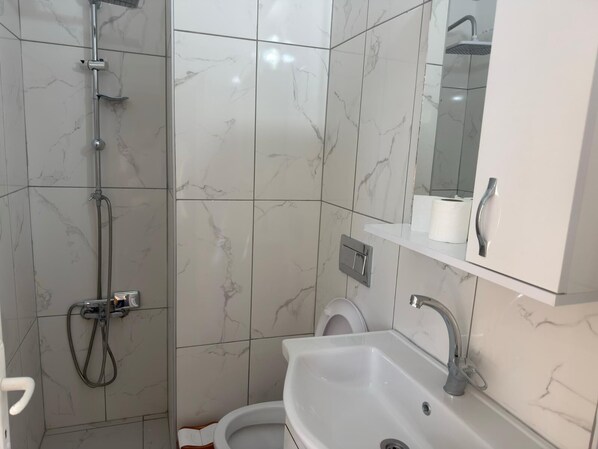 Une salle de bain équipée d’une douche, de toilettes, d’un lavabo et d’un miroir.