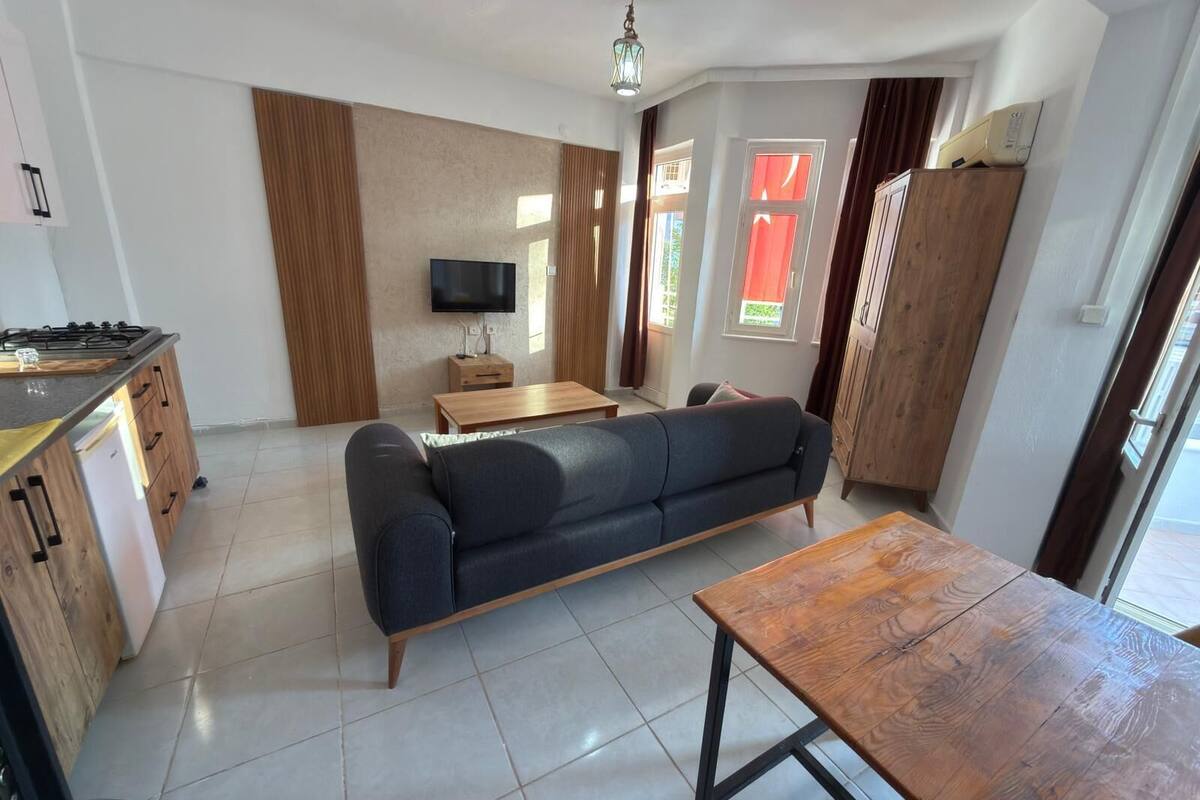 A modern living space with a kitchen area, a sofa, a wooden table, and a TV.
