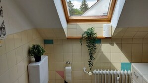 Une petite salle de bain avec un puits de lumière, des toilettes, un radiateur et un lavabo.