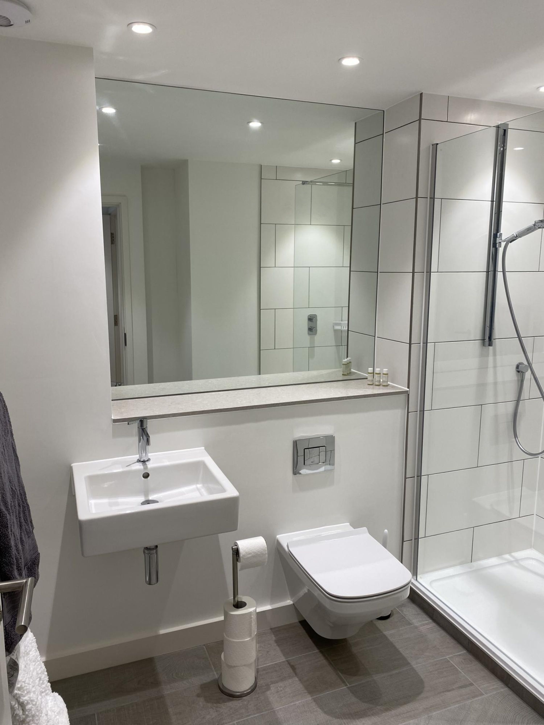 A modern bathroom with a white sink, toilet, and glass shower enclosure.
