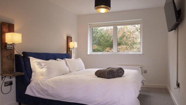 Une chambre à coucher avec un lit, des lampes de chevet, une fenêtre donnant sur des arbres et un téléviseur fixé au mur.