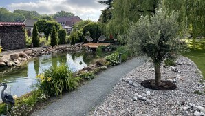 Ein friedlicher Garten mit Teich, einem Weg und einem kleinen Baum.