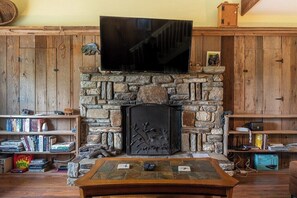 Lareira de pedra com televisão de tela plana montada acima, cercada por painéis de madeira e prateleiras com livros e objetos decorativos.