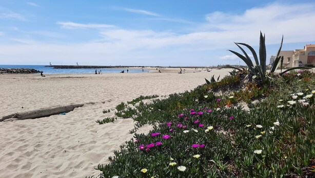 A sandy beach with people, a pier in the background, and a building with a sloped roof. - 2-bedroom apartment with terrace and parking, beach 70 metres away (Mauguio)