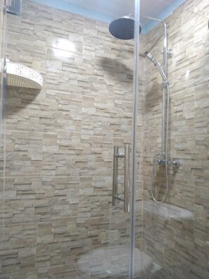 Combined shower/bathtub, hair dryer, towels, soap