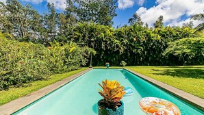 Ein rechteckiger Swimmingpool mit klar blauem Wasser, umgeben von üppiger Bepflanzung und einem gepflegten Rasen.