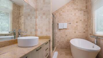 Hair dryer, towels, soap, shampoo