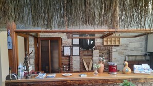 A reception area with a wooden counter, a stone wall, and a hanging plant. - Casa Callinos (Selçuk)