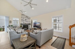 Flat-screen TV, fireplace