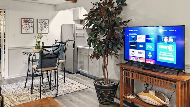Una sala de estar con televisor mostrando servicios de streaming, un comedor con mesa y sillas, una planta en maceta y un mueble de madera.