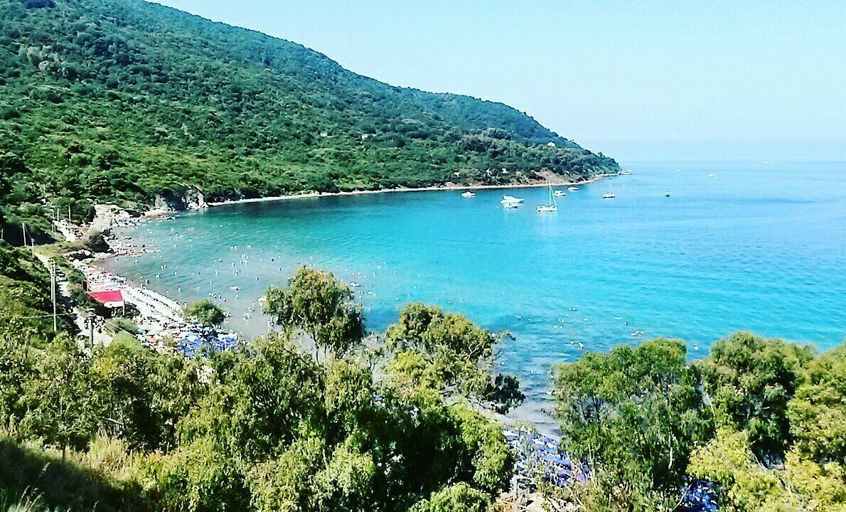 A coastal area with a beach, boats, and a mountainous backdrop.