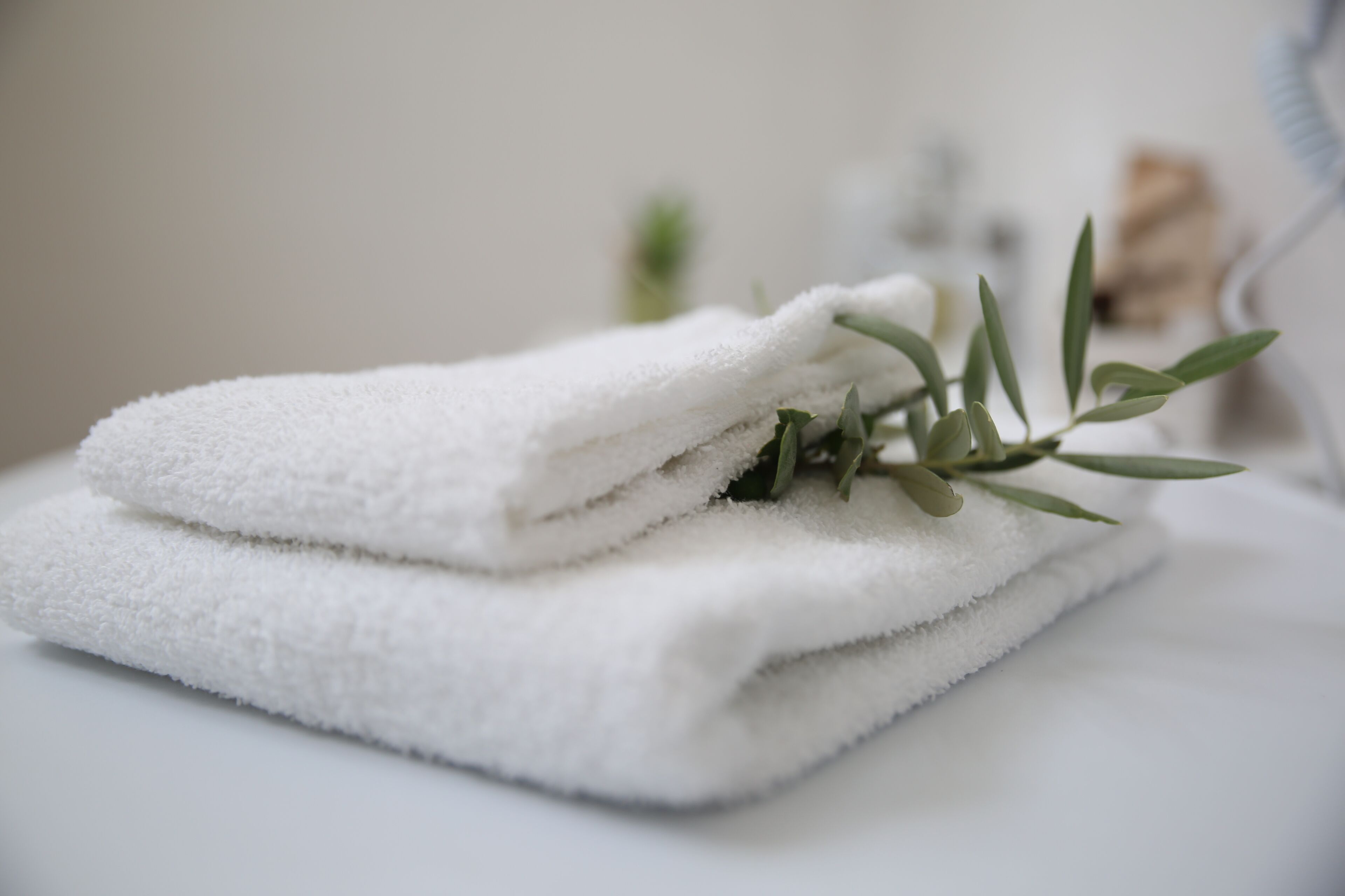 A stack of white towels with a sprig of green leaves on top.