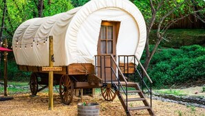 A covered wagon-style tent with a wooden ladder and a small door, set in a wooded area with a dirt ground.