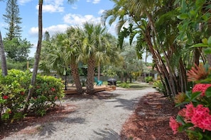 A garden pathway with palm trees and shrubs, a wooden deck, and a blue chair.