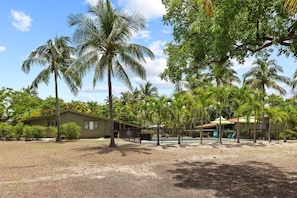 A fenced outdoor area with palm trees, a building, and a pool.