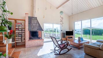 Télévision, cheminée, chaîne hi-fi