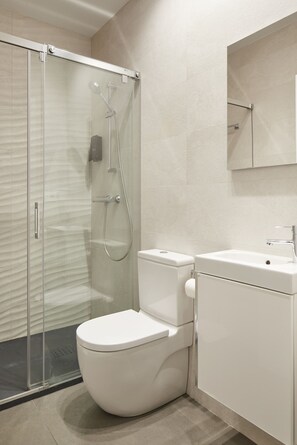 Shower, hair dryer, towels