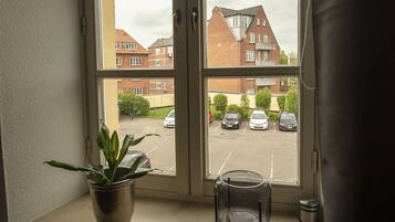 A room with a large window, a potted plant, and a chair.
