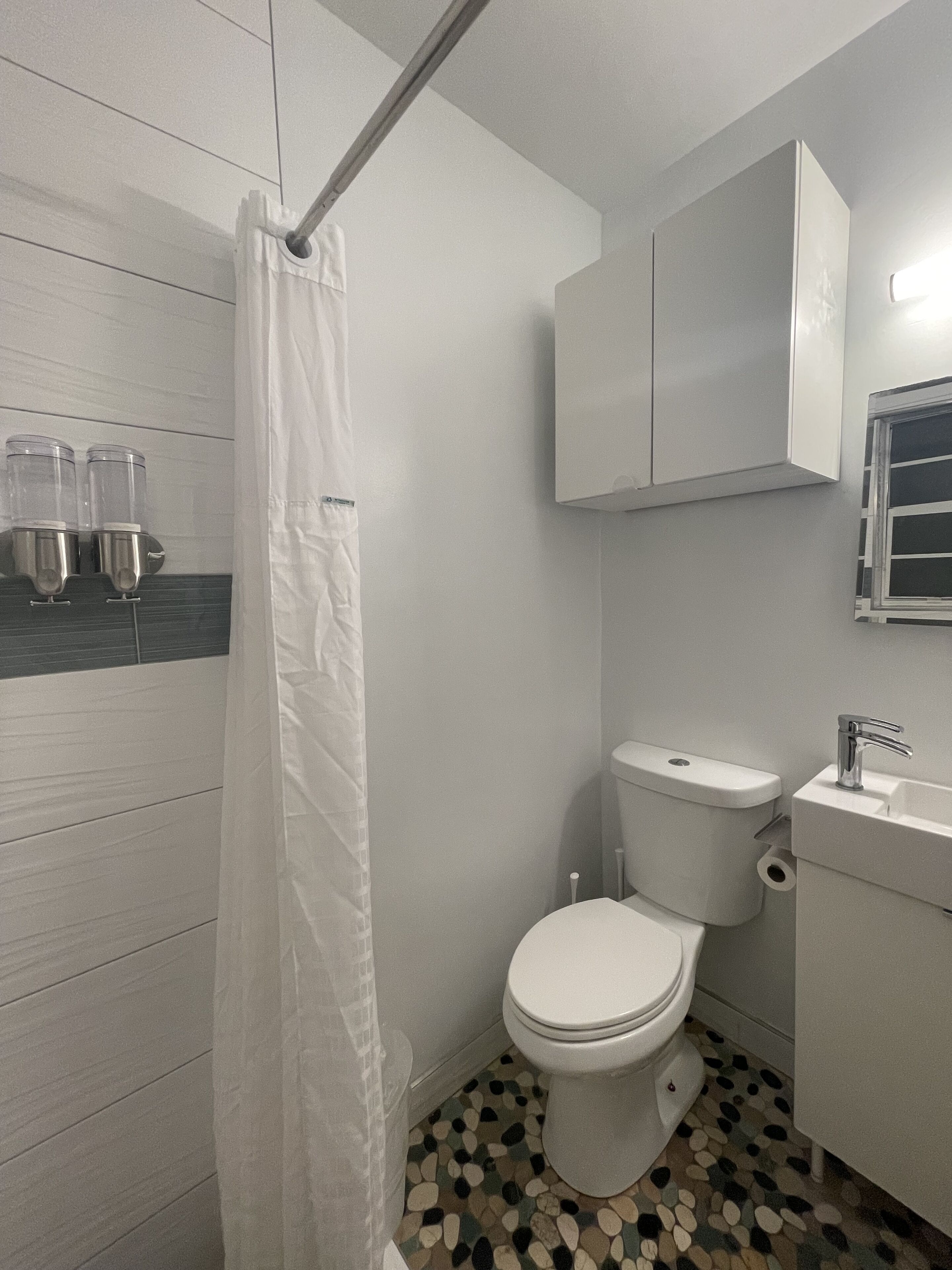 Ein Badezimmer mit Toilette, Duschvorhang, Waschbecken und einem Schrank.