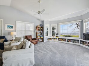 Smart TV, fireplace, books