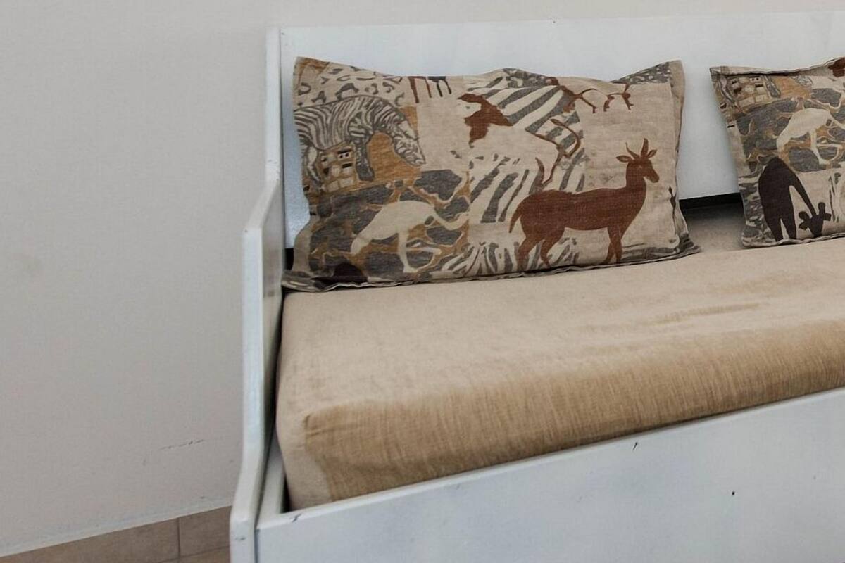 A white sofa with two decorative pillows featuring animal prints.