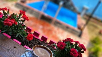 A cup of coffee on a wooden table with red flowers and a blue pool in the background.