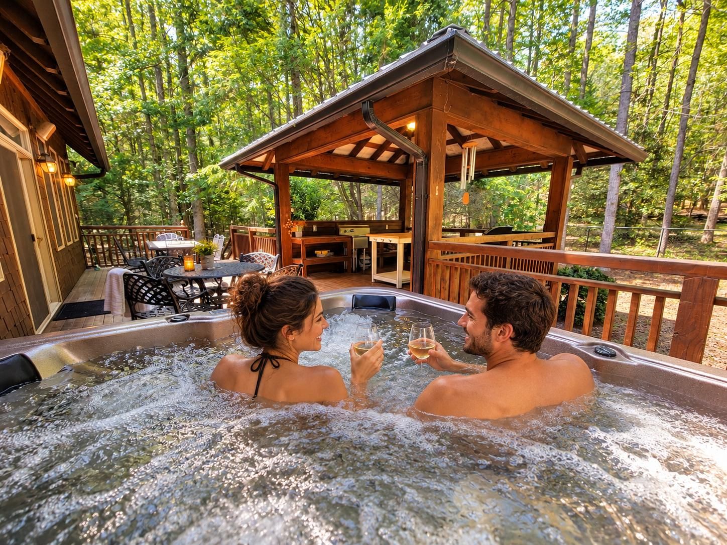 A hot tub with two people toasting, surrounded by a wooden deck and a covered seating area.