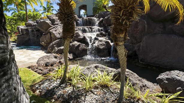 A tropical garden with a waterfall, palm trees, and a pool.