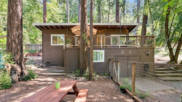 Une cabane dotée d’une terrasse, entourée d’arbres et agrémentée d’une table de pique-nique.