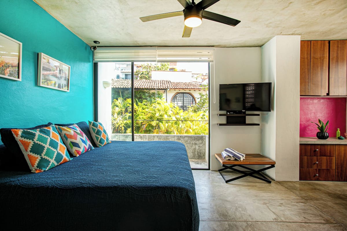 A bedroom with a bed, a ceiling fan, a television, and a view of a balcony with plants.