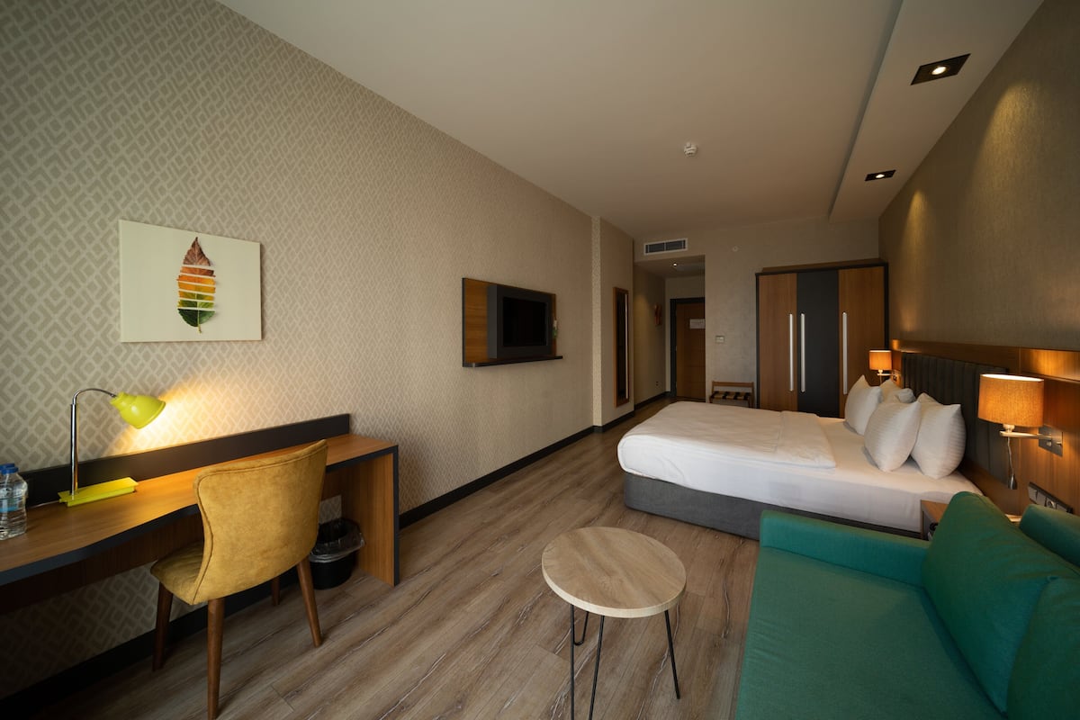 Une chambre d’hôtel avec un lit, un bureau, une chaise, une petite table ronde et un canapé vert.