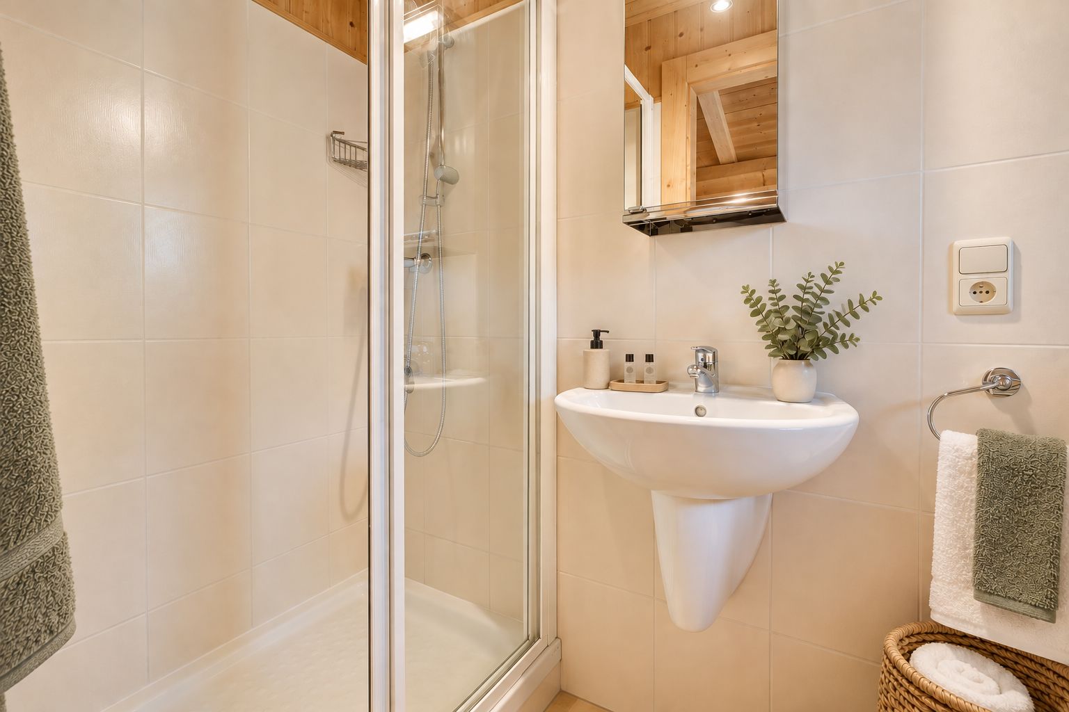 Een badkamer met een douchecabine van glas, een wit wastafeltje op voet en een houten plafond.