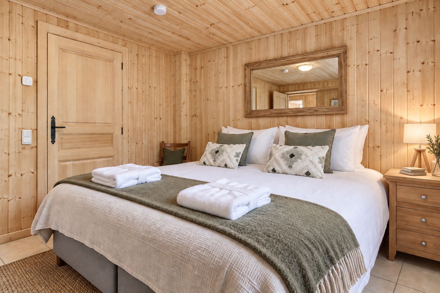 Un dormitorio con paneles de madera, una cama, almohadas, una mesita de noche y un espejo.