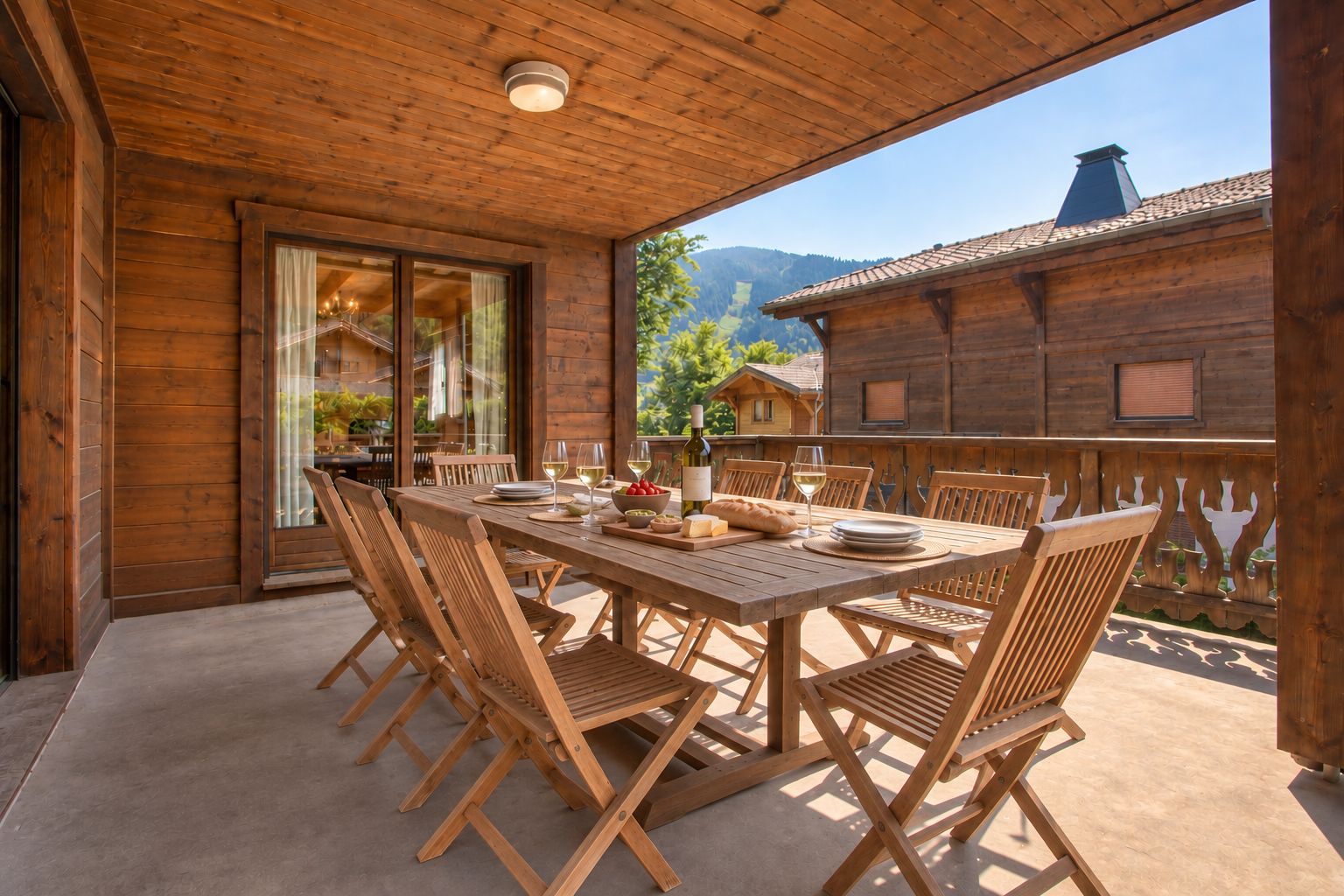 Ein Essbereich mit Holzboden, ein Tisch ist für sechs Personen gedeckt, umgeben von Stühlen, mit Blick auf die Berge im Hintergrund.