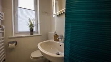 Combined shower/bathtub, hair dryer, towels, soap