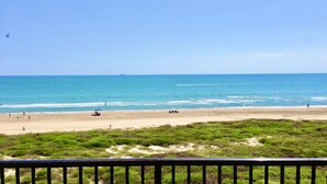 A beach with a clear view of the ocean, a sandy shore, and some greenery in the foreground. - Fabulous 5th floor beachfront; fully appointed; discount for weekdays & 7 nights (South Padre Island)