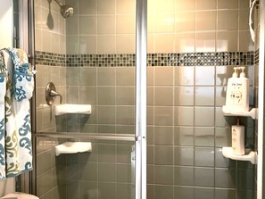 Chuveiro, secador de cabelo, toalhas de banho, sabonete
