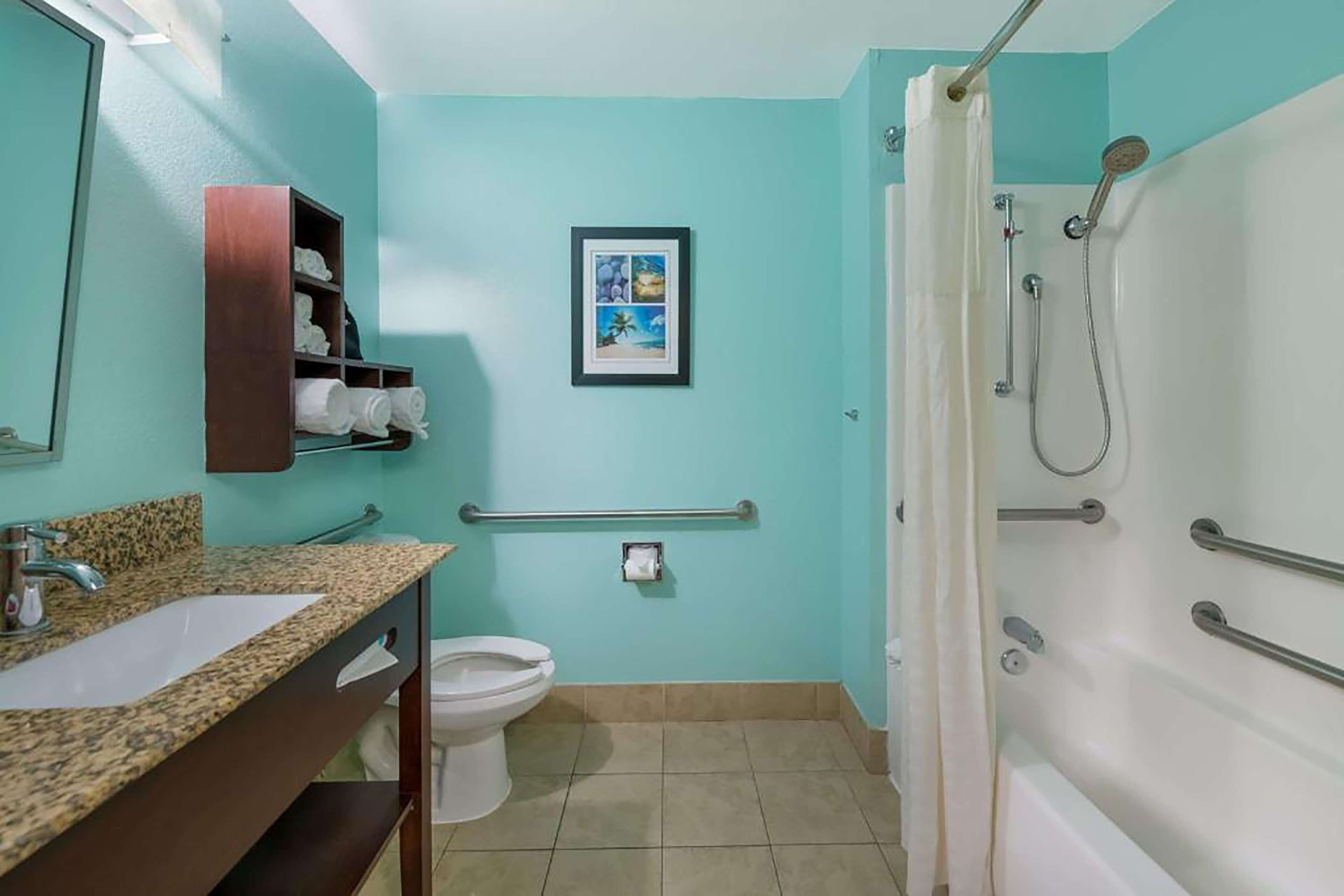 Casa de banho com lavatório, sanita e chuveiro. Há um porta-toalhas e um quadro emoldurado na parede.