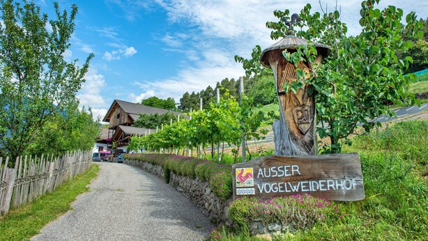 Ein rustikales Holzschild mit der Aufschrift 'AUSSER VOGELWEIDERHOF', das auf einen Bauernhof oder eine ländliche Gegend hinweist.