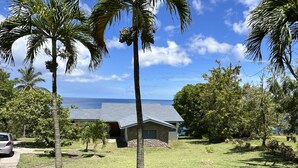 A house with a stone exterior and a grey roof, surrounded by lush greenery and palm trees, with a view of the ocean.