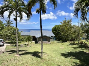 Escape to a serene retreat surrounded by lush greenery and a tranquil ocean view.